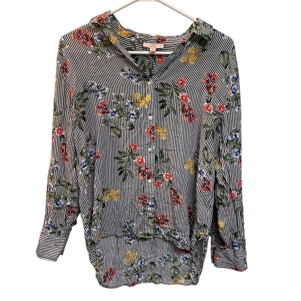 Como Vintage Floral Striped Button Down Shirt Navy White‎ Womens Medium High Low